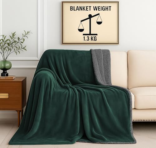 Image of SANMARINO Premium Sherpa Blanket | 350 GSM, Ultra-Soft & Cozy Single Bed Blanket (223x142 cm, 1100 g) | Warm Winter Blanket for Bedroom (Green & Grey, Single 1.1Kg)