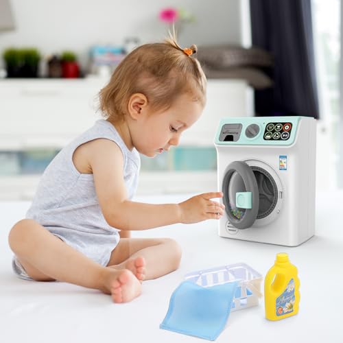 deAO Waschmaschine Spielzeug Set für Kinder, Meine Erste Waschmaschine mit Originalgeräusche, Wäschekorb und Reinigungszubehör | Blau