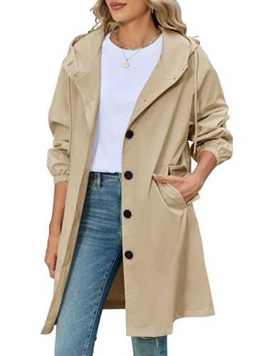 CMTOP Gabardina Mujer Larga con Capucha, Elegante Sola Botonadura Gabardinas Casual Ligera Trench Mujer, Cortaviento Abrigo Chaqueta con Bolsillos para Primavera Otoño(Gris Caqui,M)