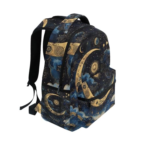 Golden Moon Stars Clouds Boho Backpack Laptop Tablet Travel School Bookbag with Name Tag for Boys Girls2
