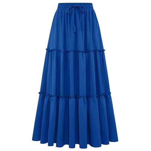 Arolina Women's Summer Maxi Skirt Trendy High Waist Pleated Ruffle Long Skirts Flowy Beach Boho Skirt Dress with Pockets Royal Blue Large
