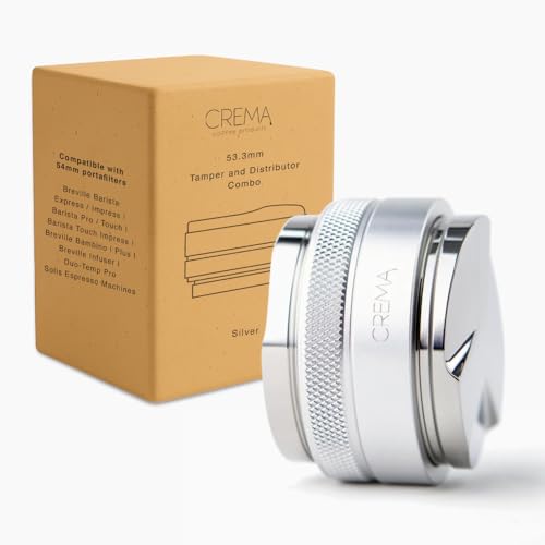 CREMA Coffee Products 53.3mm Hand Tamper & Coffee Distributor | Compatible with Breville Portafilters | Double-Sided, Adjustable Depth Tool | Made with Durable 304 Stainless Steel | Silver