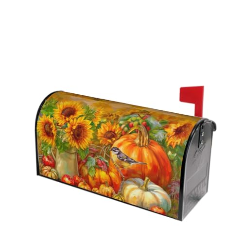 Image of Vintage Fall Mailbox Cover Magnetic 25.5x21 Inch Large Size Rustic Autumn Pumpkins Sunflower Bird Waterproof Mailbox Wrap Post Cover for Thanksgiving Garden Yard Seasonal Decor