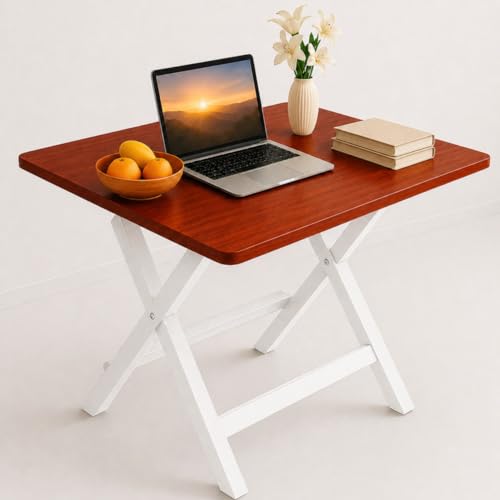 Image of Multi-Purpose Portable & Foldable Wooden Dining Table Desk for Living Room | Bed Room | Made with Engineered Plywood top and Powder Coated Finish for Home & Office (Coffee brown with White Metal)