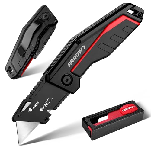 Image of ARROW Folding Utility Knife, Quick-Change Box Cutter with Belt Clip, Liner Lock, Heavy Duty Aluminum Razor Knife with Comfortable Handle, 10 Extra SK2 Blades Included