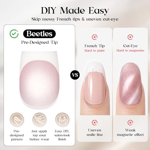 Image of Beetles French Tip Press On Nails 160Pcs Medium Almond Soft Nail Gel Tips | Cat Eye Pink Gel Painted Fake Nails, 16 Sizes for DIY Manicure Glassy Blush French