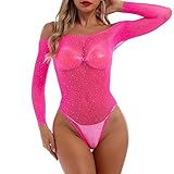 IBAKOM Women's Sheer Mesh Bodysuit Sexy Sparkly Glitter Rhinestone Long Sleeve Fishnet Teddy Lingerie Jumpsuit Leotard Top (One Size, Hot Pink)