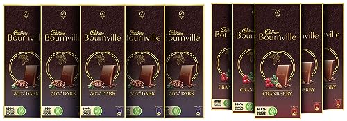 Image of Cadbury Bournville Rich Cocoa Dark Chocolate Bar, 80 gm (Pack of 5) & Bournville Cranberry Dark Chocolate Bar, 80g (Pack of 5)