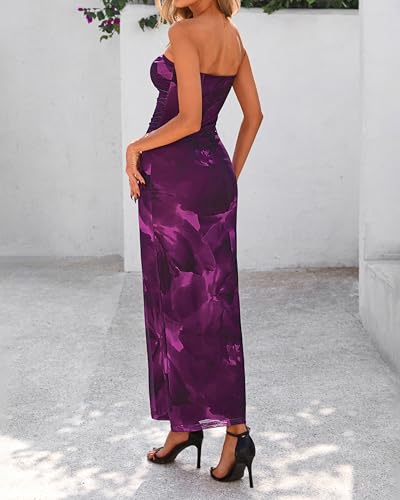 BTFBM Women's Floral Maxi Dresses Summer 2025 Strapless Tube Bodycon Mesh Layered Cocktail Party Wedding Guest Dress