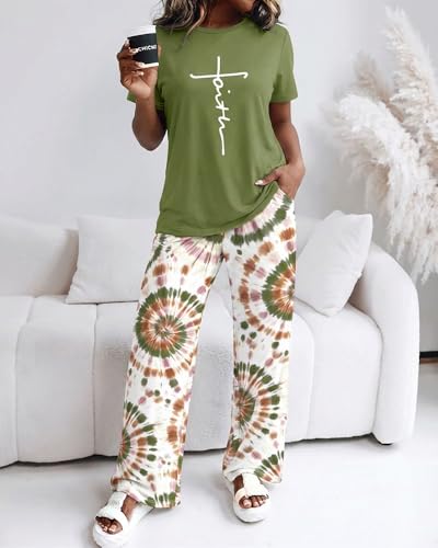 Image of CHICME Womens Pajamas Sets 2 Piece Short Sleeve Lounge Set Printed Loose Pants Pj Sets Loungewear Set