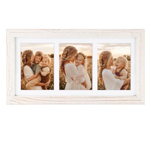 Golden State Art Collage Frame 7x14 for 3 4x6 Photos Wood Distressed White
