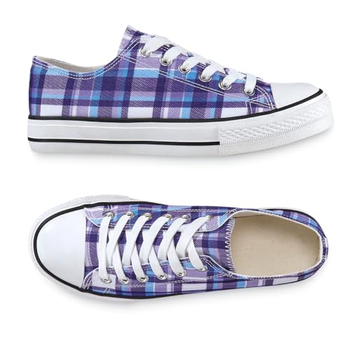 Purple Plaid Sneakers, Lace-Up Style, Rubber Toe and Nonskid Sole, Women's Fashion Sneakers, Casual Chic Checkered Shoes