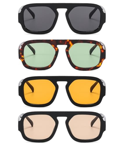 IKANOO 4 Pieces Retro 70s Square Aviator Sunglasses for Women Men Flat Frame Trendy Square Sun Glasses Vintage Shades ﻿2