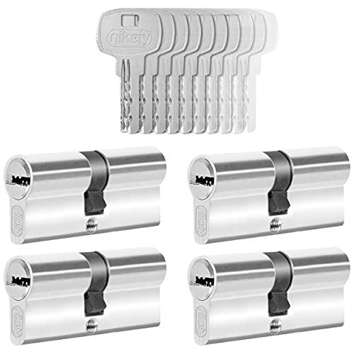 GERCAR Juego de 4 cilindros de cerradura con cierre uniforme, 4 cilindros de perfil 30/30, incluye 20 llaves de 60 mm, cerradura de doble cilindro, cierre uniforme, juego de 4 unidades