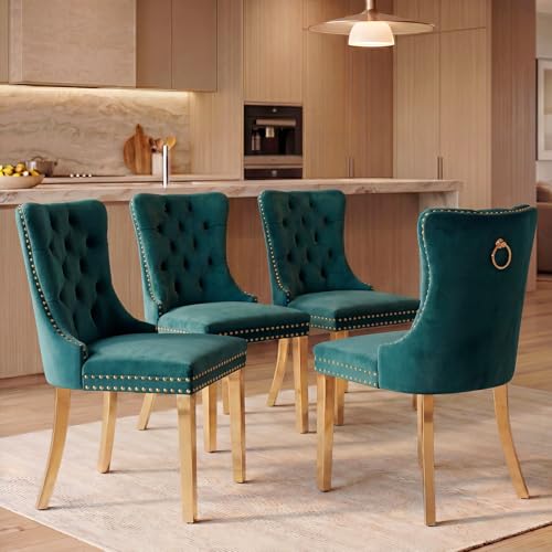 Green Velvet Dining Chairs Set of 4, Tufted Wingback, Gold Metal Legs
