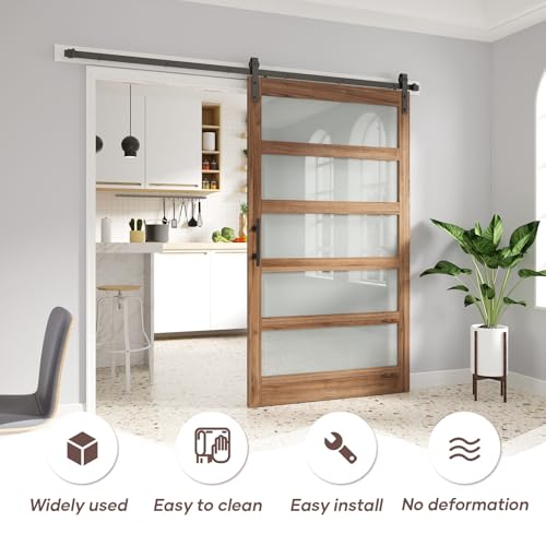 Image of FREDBECK 48 x 80 inch Glass Barn Door with 8FT Barn Door Hardware Kit & Handle Included,5-Panel Frosted Glass,Wood Panel, Water-Proof Surface,Pre-Drilled Holes,Need Assembly