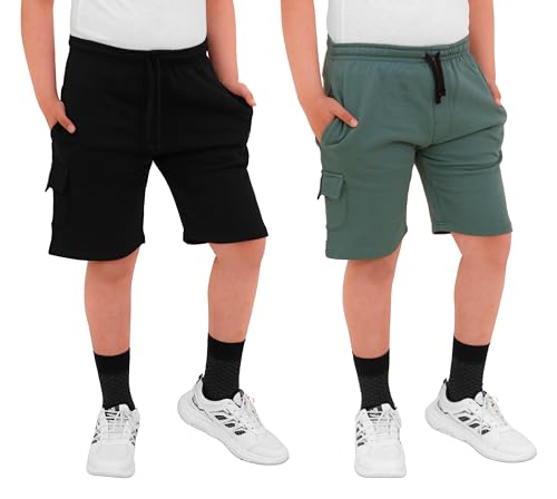 biyya® 2 Pack Boys Cargo Shorts with Pockets Kids Terry Fleece Short Summer Shorts Elasticated Waistband 5-14 Years (BTS-66-B, 13-14 Years)