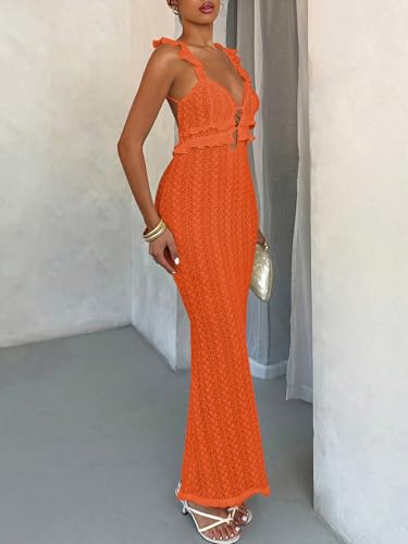 Image of SOLY HUX Women's Maxi Dress Crochet Ruffle Sleeveless Backless Bodycon Long Dresses