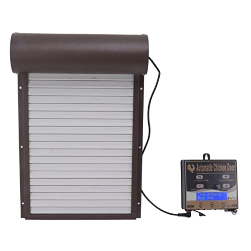 LEEZAD Automatic Chicken Coop Door, LED Display Programmable Aluminum Chicken Door Opener with Timer, Light Sensor, Remote Control Modes, (Battery Not Included) (Marrón)