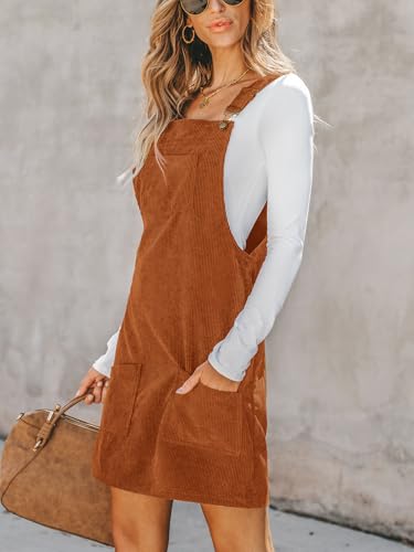 CUPSHE Women Corduroy Fall Dresses Front Bib Pocket Square Neck Wide Strap Casual Overall Mini Dress3