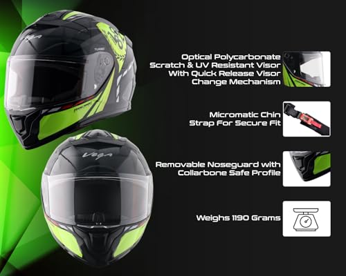 Image of Vega VF 10 Turbo Squad Full Face Motorcycle Helmet with Dual-Tone Design, Shock Absorbing Liner, Lightweight Build, Ventilated Fit, Aerodynamic Design, and Trendy Black Neon Yellow Finish Black Neon Yellow -L