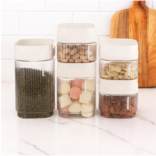 Image of Nayasa Refresh Container Set of 9 | 500ml x 5, 750ml x 2, 1150ml x 2 | Transparent Airtight Plastic Jars | Stackable Kitchen Storage Containers | BPA Free & Reusable | White