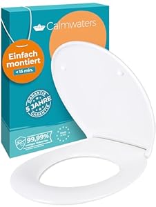Calmwaters® Toilettendeckel mit Absenkautomatik, WC Sitz einfache Montage, bis 250 kg, Made in EU, aus antibakteriellem Duroplast, 2 Befestigungsarten, abnehmbar, Klobrille oval, Klodeckel Weiß