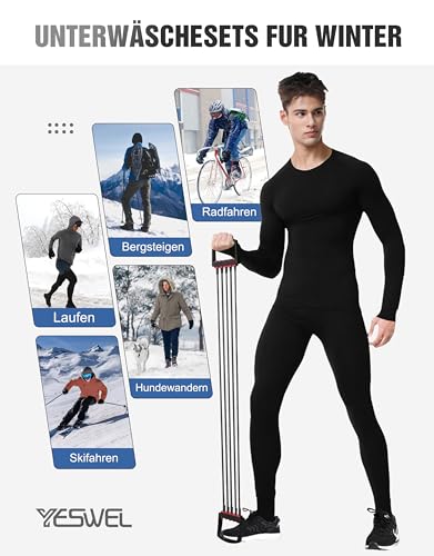 YESWEL Herren Thermounterwäsche M, Funktionsunterwäsche mit Innenfleece, Skiunterwäsche für winterliche Outdoor-Aktivitäten Schwarz