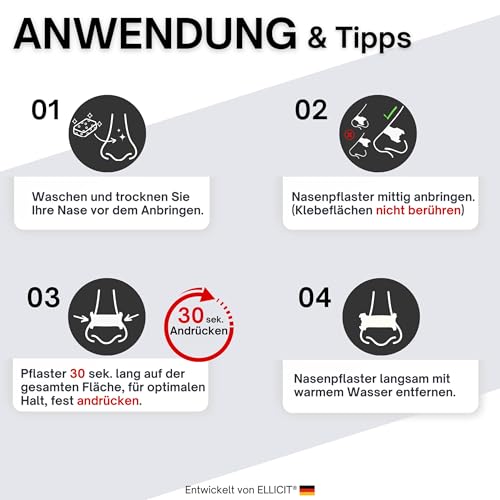 Ellicit Nasenpflaster Transparent, 30er Pack Premium Nasenstrips, gegen Schnarchen, Extra Halt für bessere Schlafqualität, besser Atmen bei verstopfter Nase, Nasal Strips [für jede Nase]