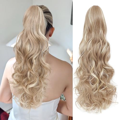 Image of 24 inch Ponytail Extension, Long Curly Wavy Claw Clip and Natural-Looking Synthetic Hairpiece, Voluminous Pony TailHair Extensions for Women Daily Wear. (Medium Blonde With Beige Highlight, 24Inch)