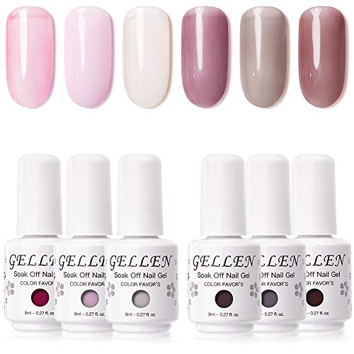 Gellen Translucent Gel Nail Polish Kit - Translucent White Pinks Browns 6 Colors, Nail Art Trend Daily Nail Gel Colors, Home Gel Manicure Kit