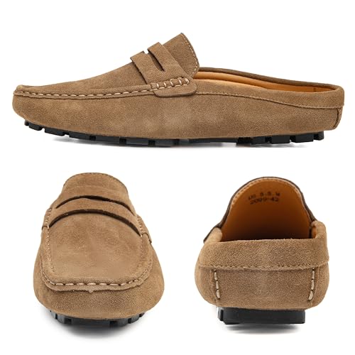 Image of Go Tour Mens Handmade Suede Leather Mules Clog Slippers Breathable Leather Slip on Shoes Casual Loafers