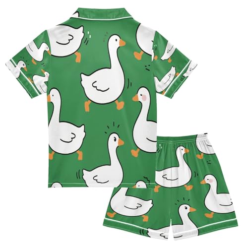 Satin Pajama Sets Short Sleeve Green Background with White Ducks Button Down Silky Nightwear 2 Piece PJS 5-14Y2