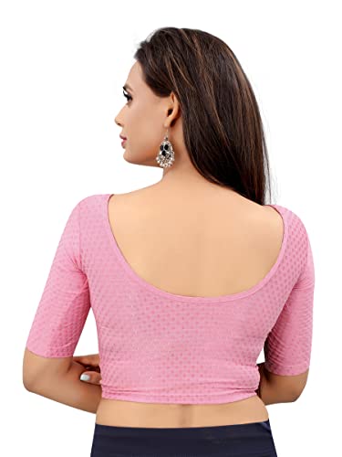 Image of Round Neck Dobby Cotton Lycra Stretchable Elbow Sleeve Readymade Saree Blouse for Women Stylish