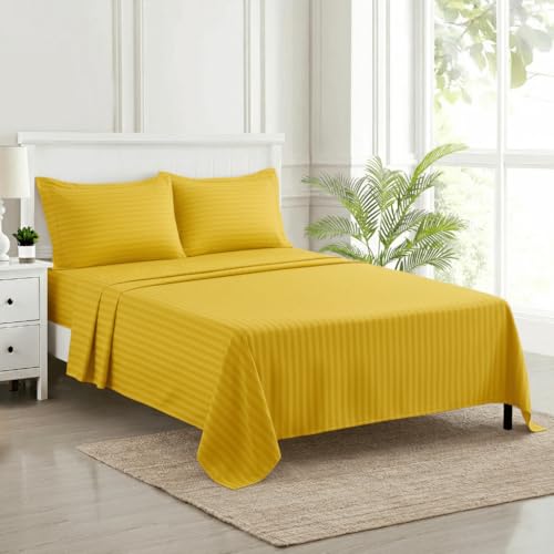 Image of Trance Home Linen 100% Cotton 200 TC Satin Stripe Queen Double Bedsheet with 2 Pillow Cover | Fade-Resistant, Soft & Hypoallergenic |Flat Bedspread Queen Size (86 x 104 inch, Golden Yellow)
