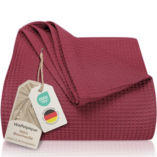 LAYNENBURG Premium Tagesdecke 150 x 200 cm - Waffelpique 100prozent Baumwolle - leichte Sommerdecke Waffeloptik - Baumwolldecke als Bett-Überwurf, Sofa-Überwurf, Couch-Überwurf - Sofa-Decke (Bordeaux)