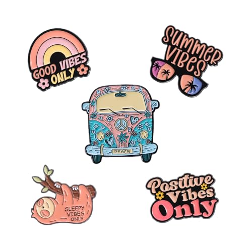 5PCS Positive Vibes Enamel Pins Bulk, Cartoon Cute Cool Girly Summer Sleepy Good Lapel Backpack Hat Pin Set, Decorative Crooches Button for Jeans, Jackets, Bags, Dress, Shoes