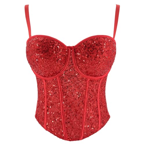 ELLACCI Women's Sexy Sequin Sheer Mesh Bustier Corset Tops Red2
