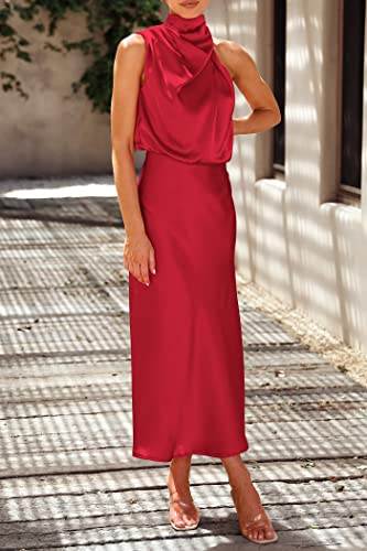 Image of PRETTYGARDEN Women's 2026 Summer Satin Dress Elegant Sleeveless Mock Neck Cocktail Party Maxi Dresses