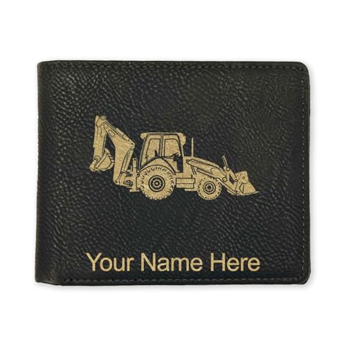 LaserGram Faux Leather Bi-Fold Wallet, Backhoe Loader, Personalized Engraving Included (Black with Gold)
