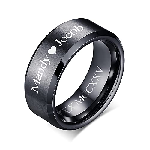 VNOX Mens 8mm Brushed Matte Tungsten Carbide Classical Simple Plain Personalized Custom Name Date Wedding Band Wedding Engagement Ring,Black,Size 11