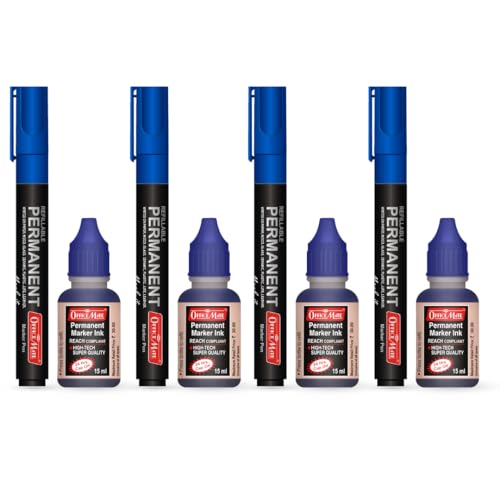 Image of Soni Officemate Permanent Marker Combo-Blue | 4 Markers + 4 Inks | Waterproof & Refillable | Multi-Surface Use | 4.43 mm Tip