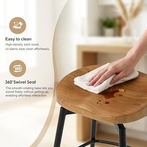 Image of 25 inch Swivel Backless Saddle Bar Stools Set of 2, Walnut | Solid Wood Saddle Seat with Metal Legs, Footrests and Non-Marking Feet for Kitchen Island