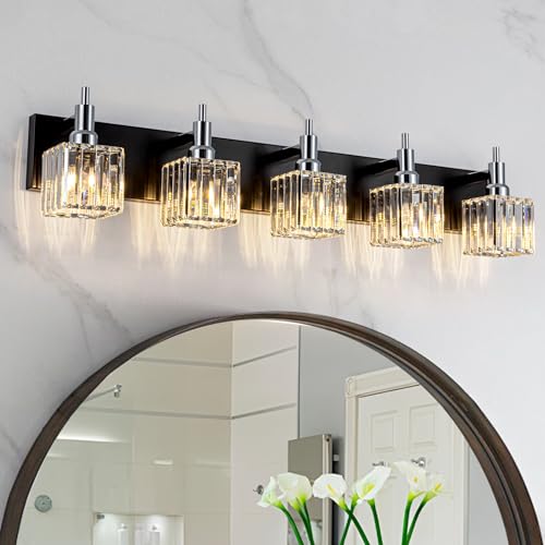 HUOKU Black Chrome Bathroom Vanity Lights, 5 Lights Modern Crystal Bathroom Lighting Fixtures Over Mirror Crystal Wall Light with Square Shade
