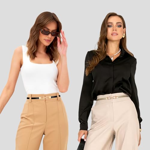 Image of JASGOOD Leather Skinny Belts for Women Plus Size Ladies Thin Waist Belts Adjustable for Jeans Pants Dresses with Gold Buckle