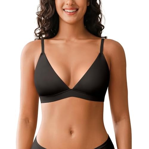 Seamless Wireless Bra for Women Unlined Unpadded Bralette with Nipple Covers Comfort Cami Top Bra Breathable Smooth Bras V Neck-black Large