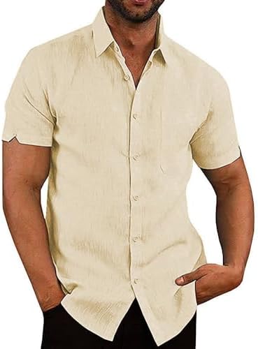 Button Down Short Sleeve Linen Shirts for Men Summer Casual Cotto...