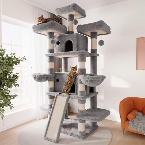 Image of SHA CERLIN 81 Inches Extra Large Cat Tree for Indoor Adult Cats /XXL Big Cat Tower with Condo /Cozy Perches /Sisal Scratching Posts and Hammocks /Activity Center /F80 /Heavy Duty /Grey