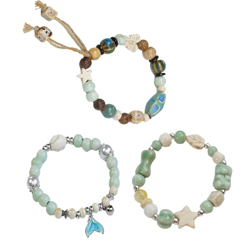 3 Pcs For Ceramic For Beaded Bracelet Vintage for Flower Glazed Bracelet Multicolor Elastic Handmade Simple Ethnic Style Hand Ch