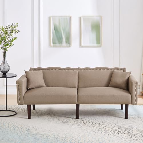 Sofá de 2 plazas con función de sueño, sofá de lino plegable con respaldo ajustable, sofá cama 2 en 1, sofá cama extensible con 2 cojines, adornos de metal, color marrón